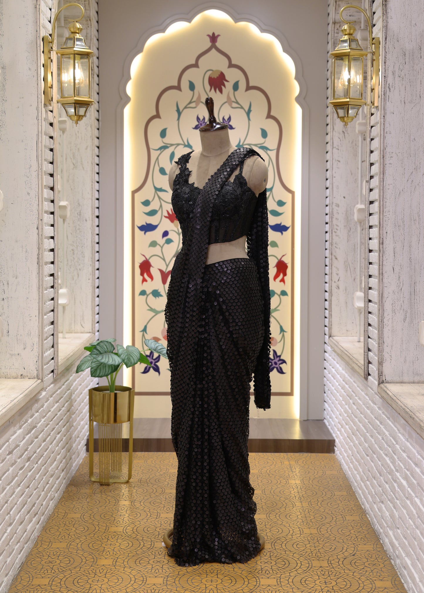 Jet Black Sequin Cocktail Pre Draped Saree