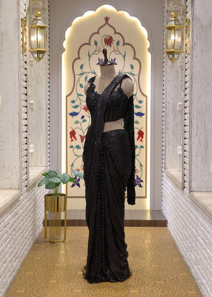 Jet Black Sequin Cocktail Pre Draped Saree