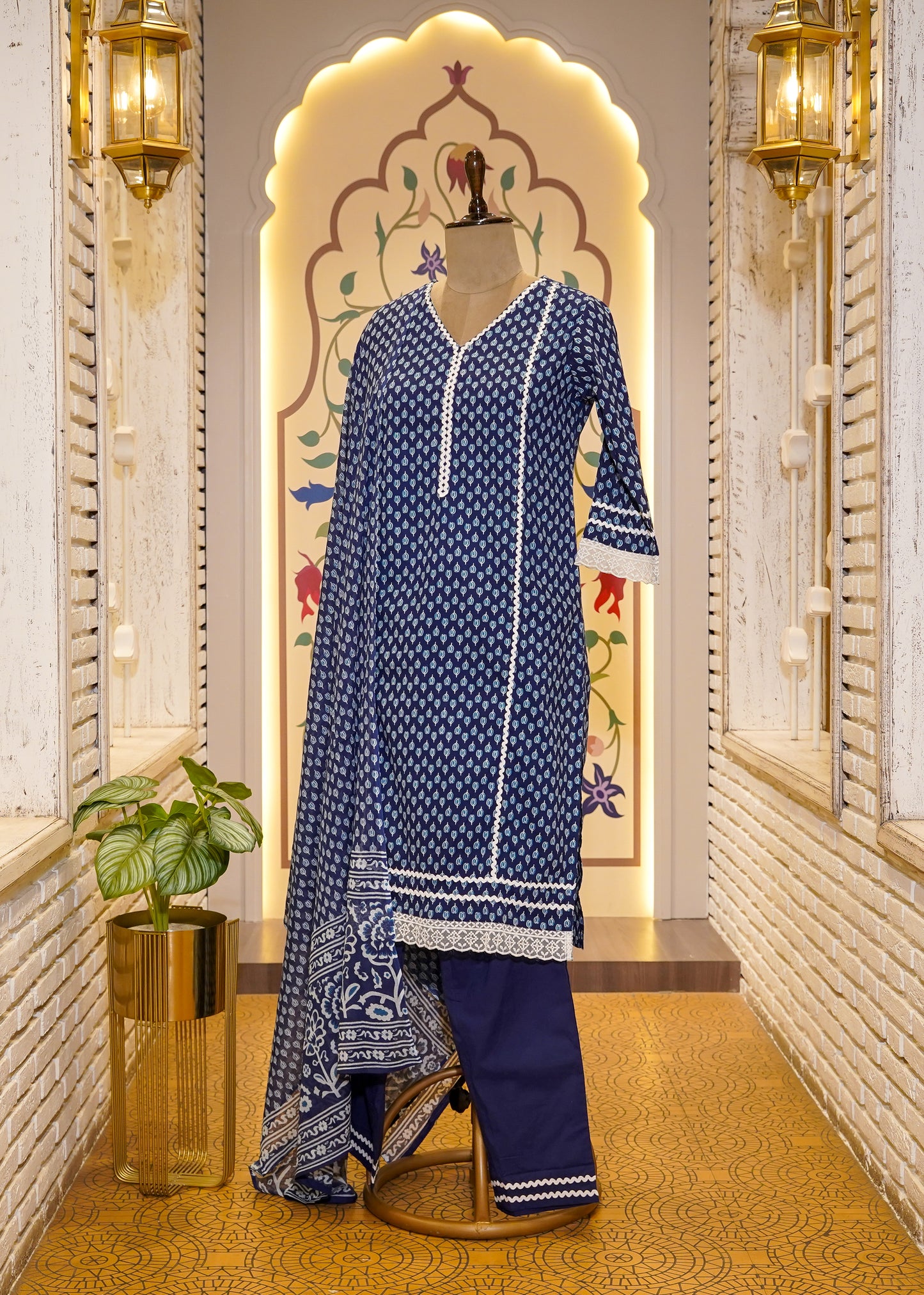 Blue Cotton Printed 3 pc Kurti Set with Lace Work
