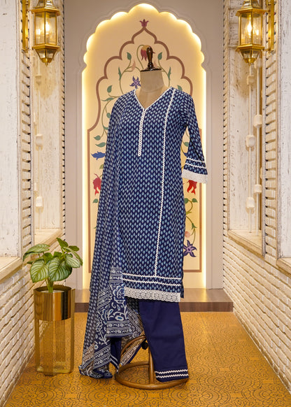 Blue Cotton Printed 3 pc Kurti Set with Lace Work