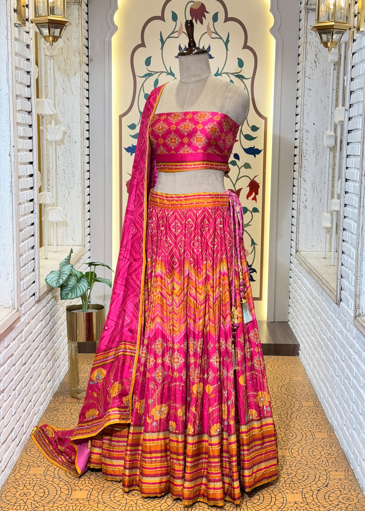 Rani Hand Embellished Printed Silk Lehenga with Unstitched Blouse
