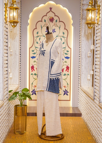 Ivory & Blue Cotton Jute Co-ord Set with Applique Embroidery