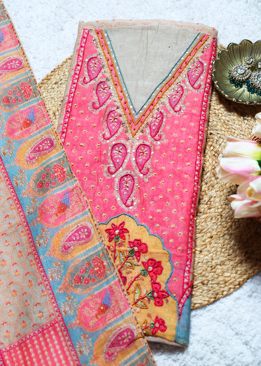 Pulan Pink & Blue Unstitched Suit Set