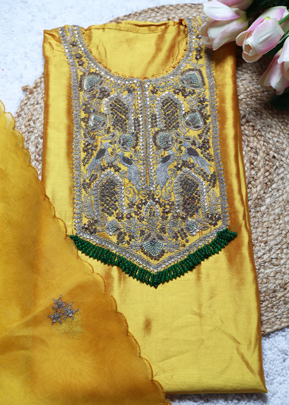Peela Phool French knot Handcrafted Unstitched Suit Set