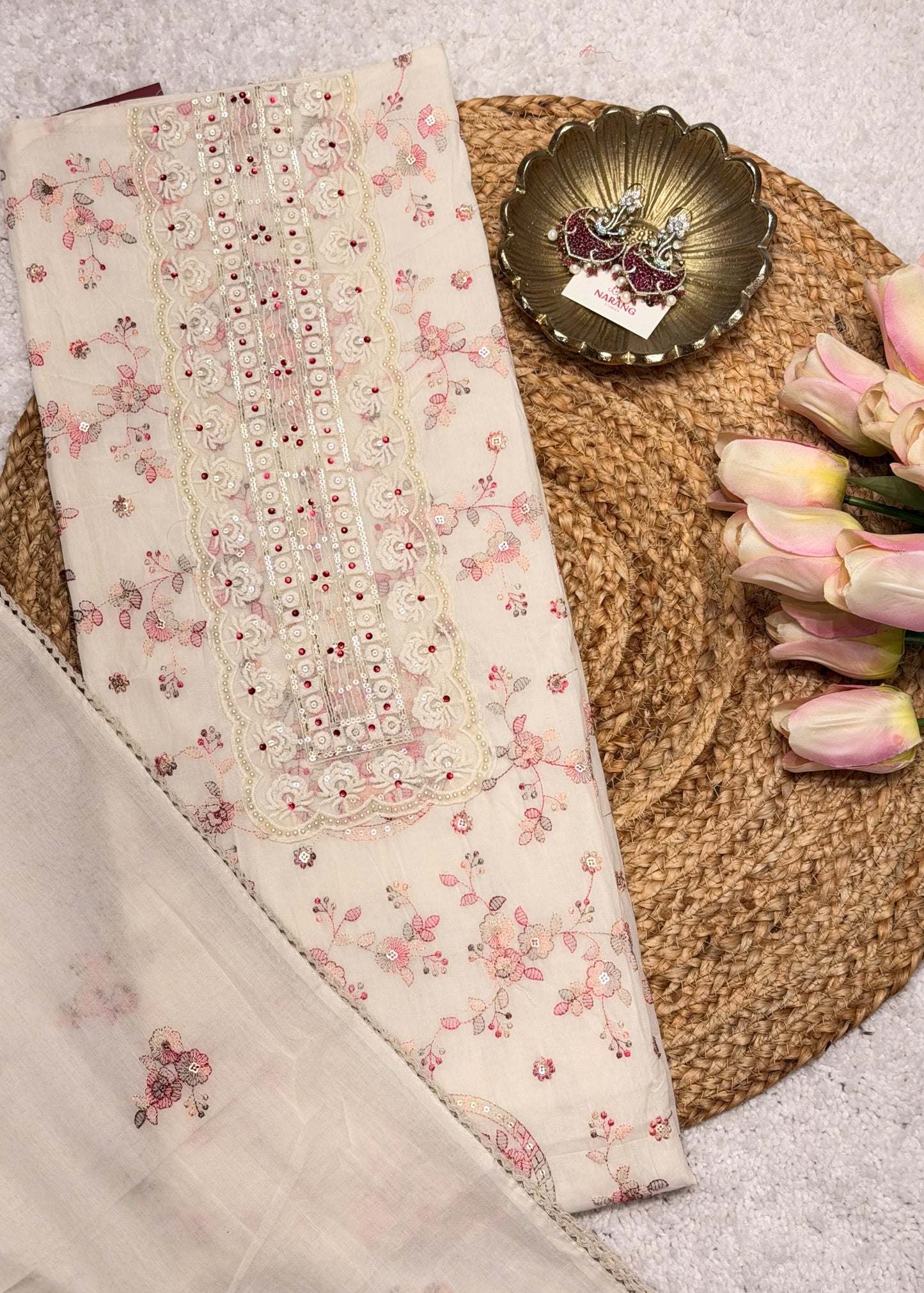 White & Pink Thread Embroidered Unstitched Suit Set