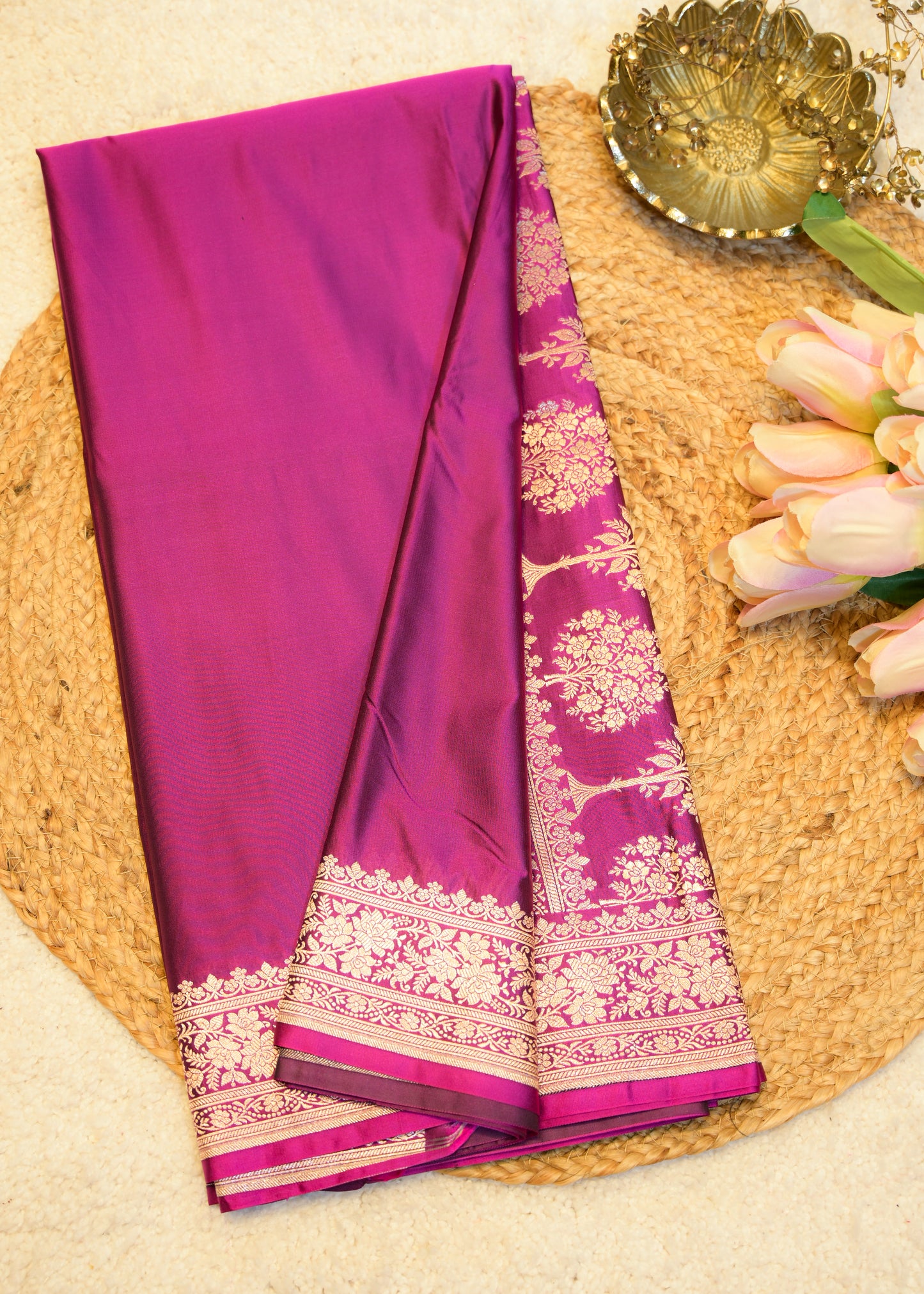 Rani Pink Banarasi Kattan Silk Zari Border with Unstitched Blouse
