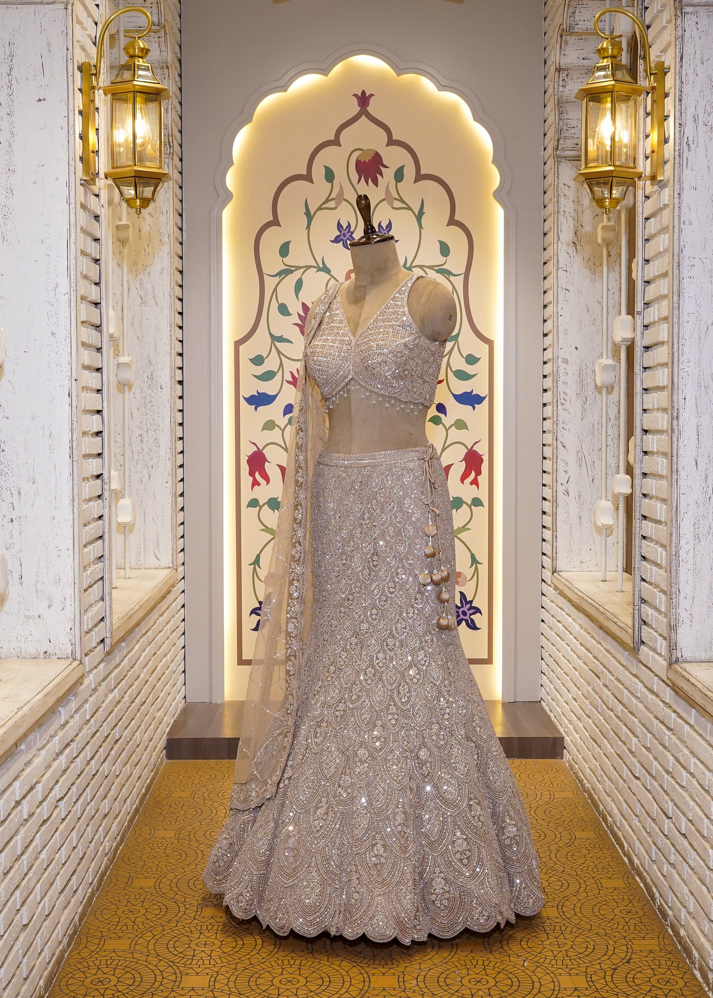 Champagne Gold Bead Embroidered Crop Top Fish-cut Skirt Set
