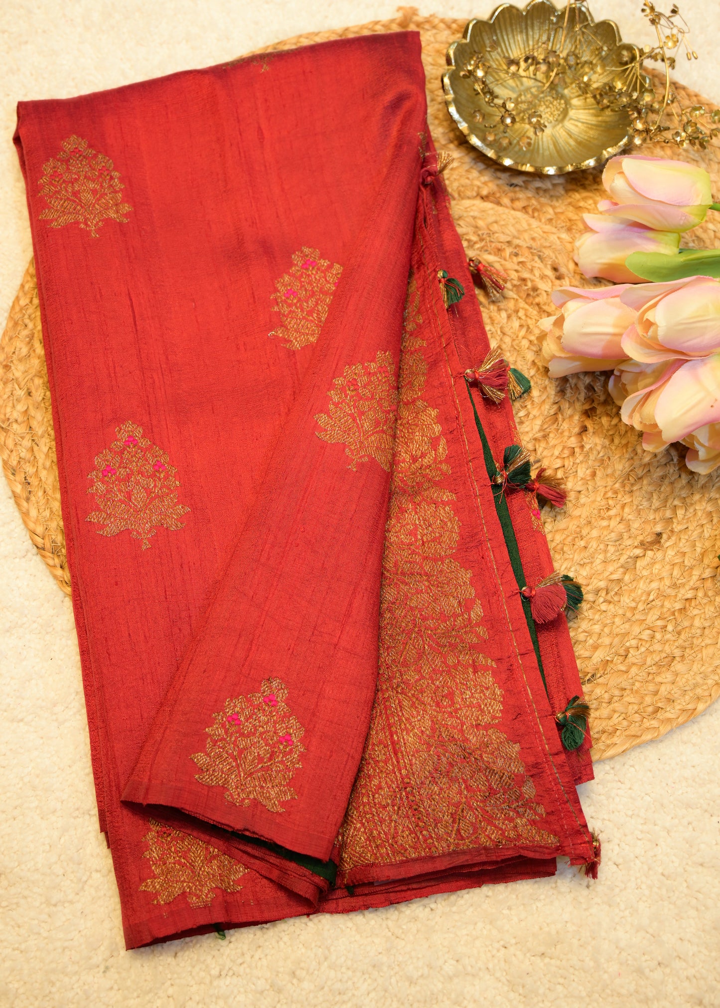 Ruby Red Raw Silk Neem Zari Boota Saree with Unstitched Blouse