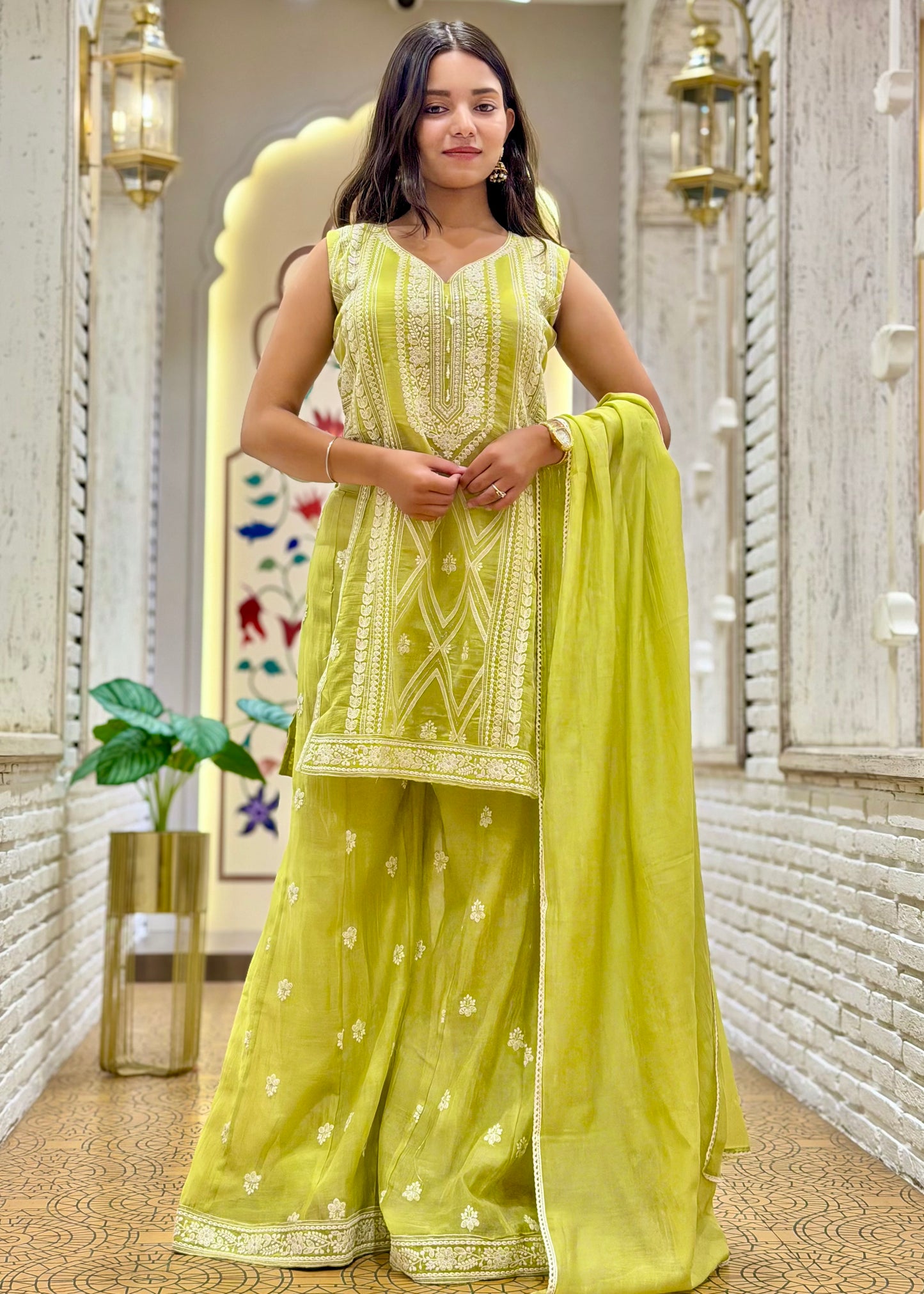 Nyra Neon Green Slit Palazzo Pants Stitched Suit Set