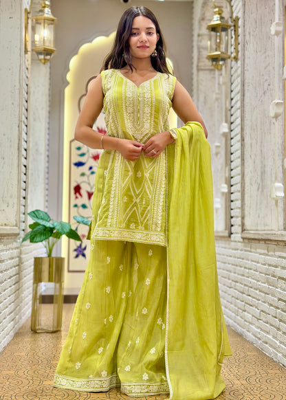 Nyra Neon Green Slit Palazzo Pants Stitched Suit Set