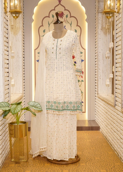 Ivory Thread Embroidered Short Shirt & Sharara 3 pc Kurti Set