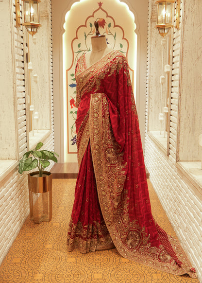 Aanya Crimson Red Silk Embroidered Saree with Stitched Blouse
