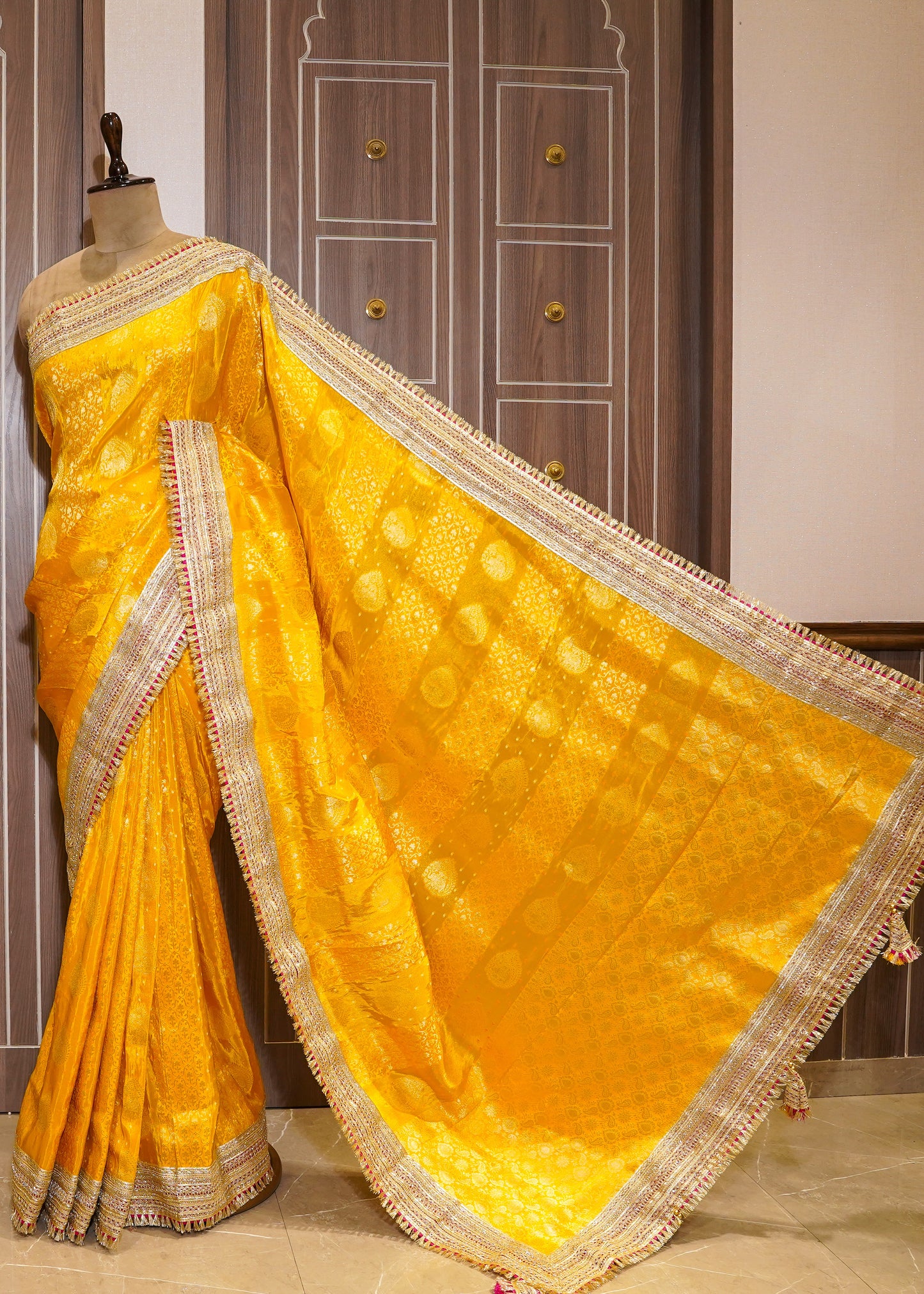 Yellow Tissue Weaving Saree with Gota Lace and Unstitched Blouse