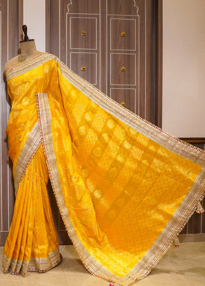Yellow Tissue Weaving Saree with Gota Lace and Unstitched Blouse