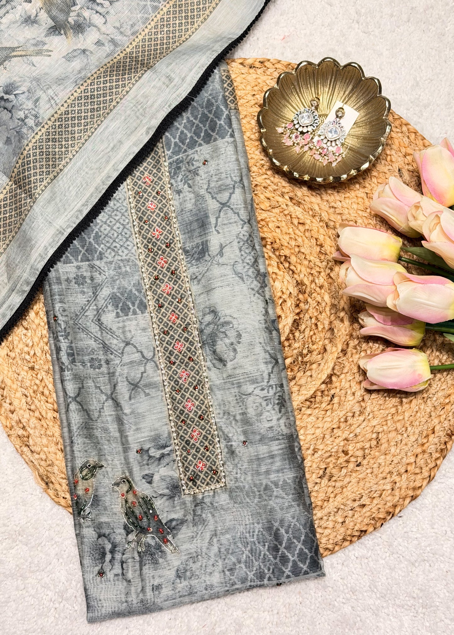 Mehraab Grey Printed Unstitched Suit Set