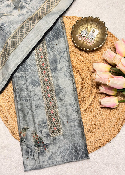 Mehraab Grey Printed Unstitched Suit Set