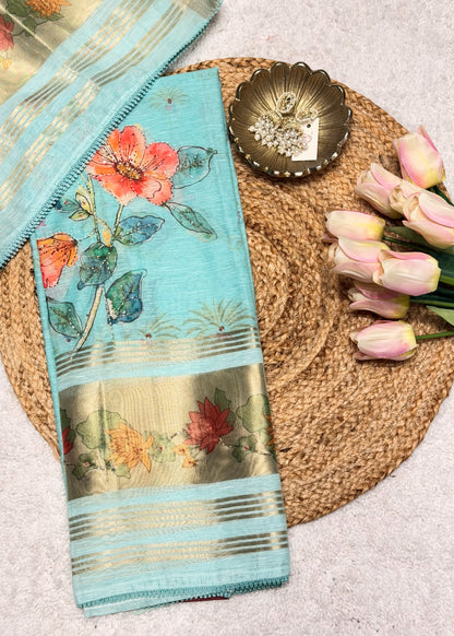 Sea Green Chanderi Floral Printed Unstitched Suit Set