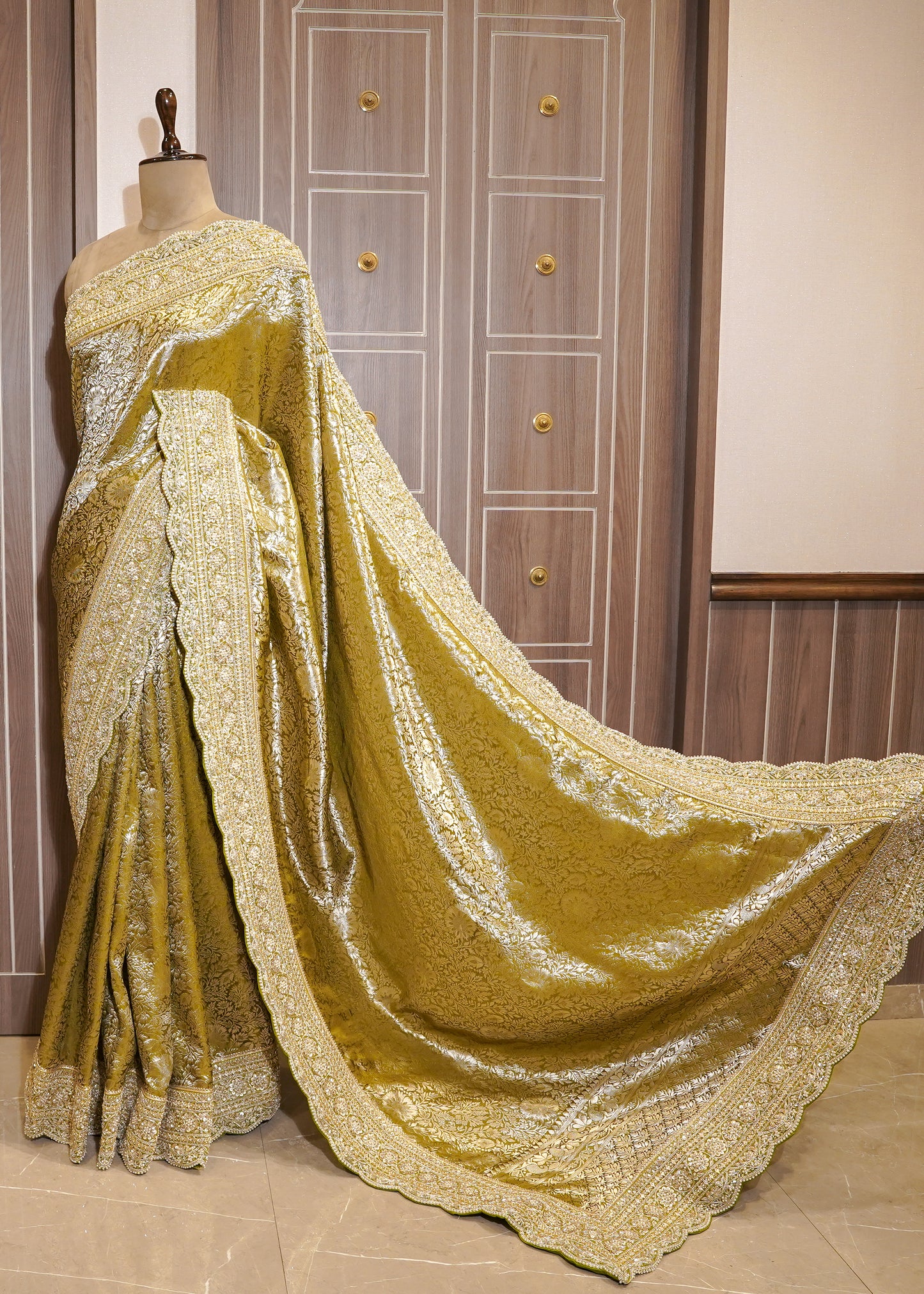 Mehendi Green Silk Bead Embroidered Border Saree with Unstitched Blouse