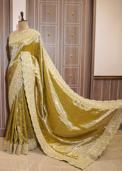 Mehendi Green Silk Bead Embroidered Border Saree with Unstitched Blouse