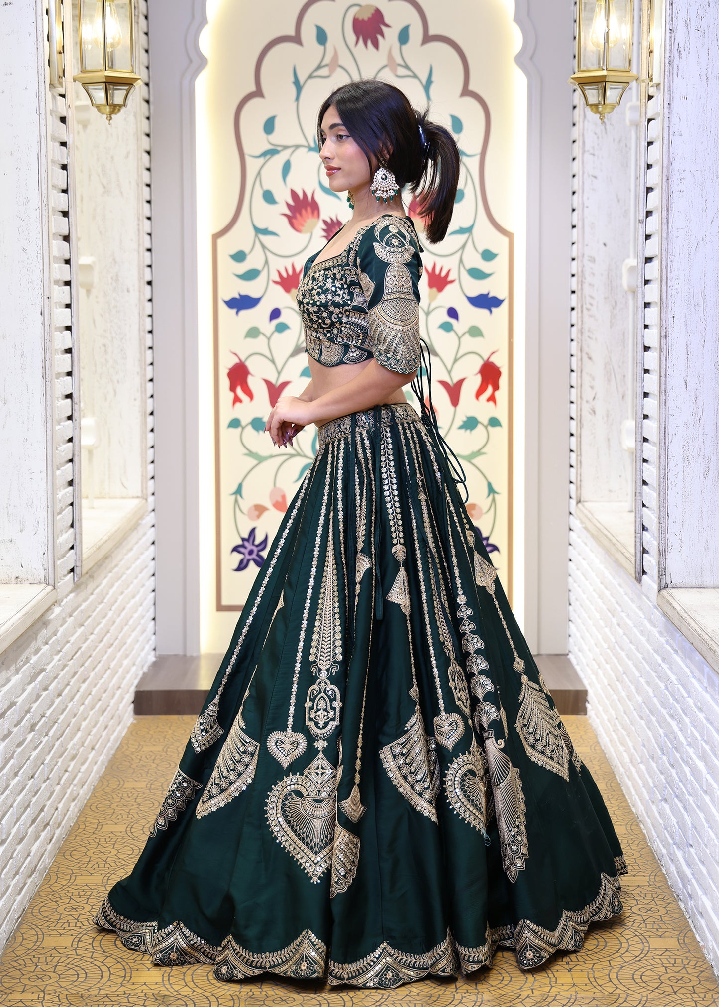Kavya Green Handcrafted Lehenga with Stitched Blouse