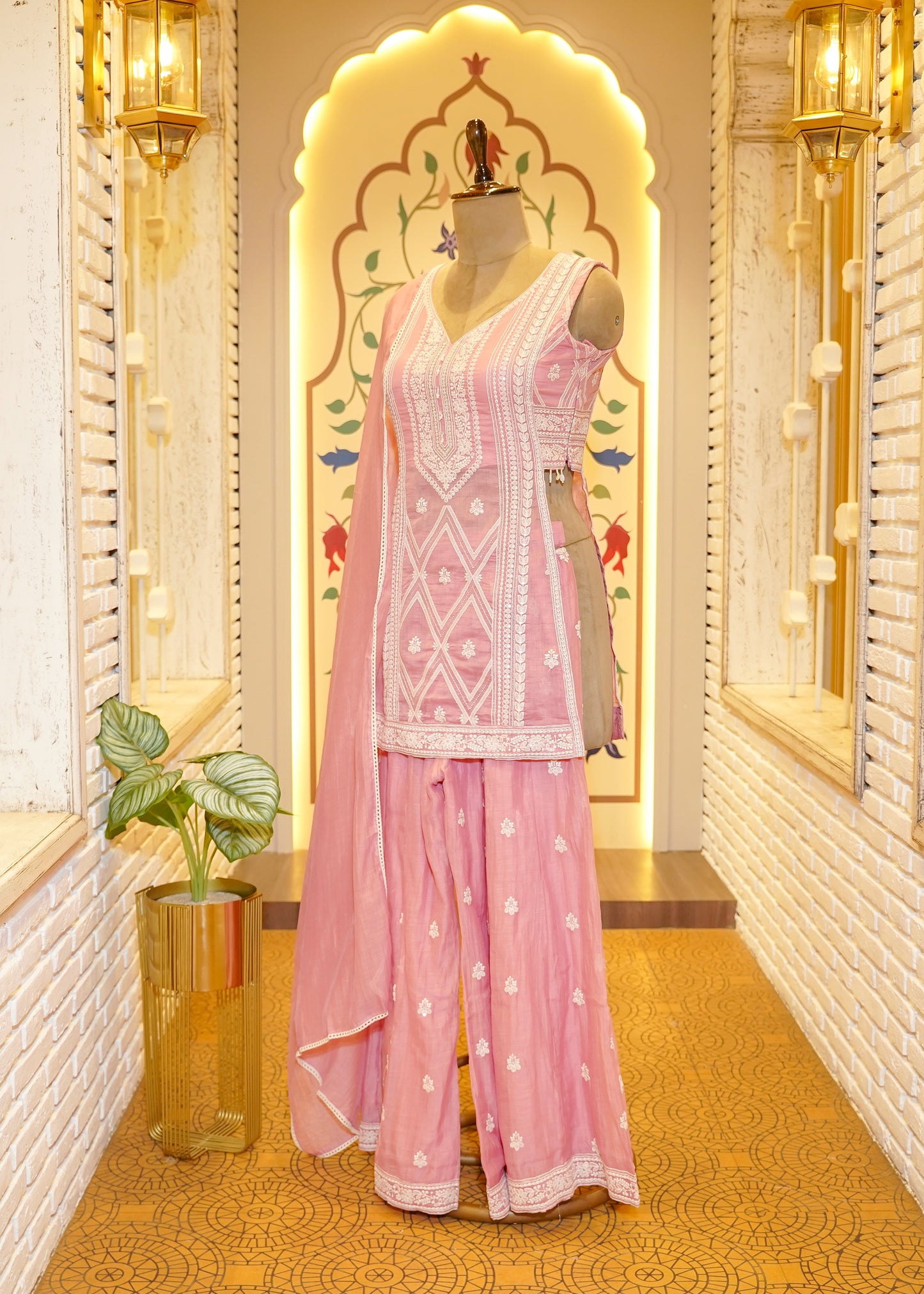 Nyra Baby Pink Slit Palazzo Pants Stitched Suit Set