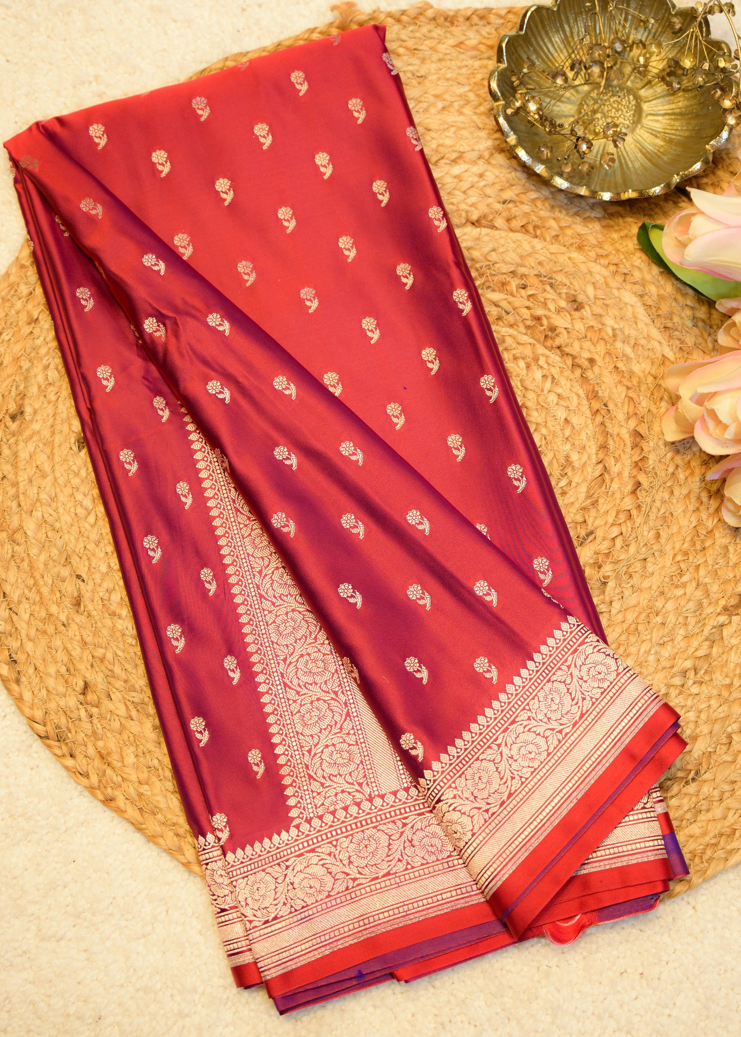 Red Banarasi Kattan Silk Booti Zari Border with Unstitched Blouse