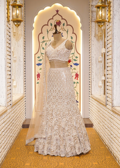 Beige Bead Embroidered Crop Top Fish Cut Skirt Set