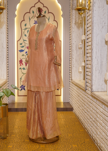 Dusty Peach Tissue Hand Embellished Short Shirt & Sharara Co-ord Set