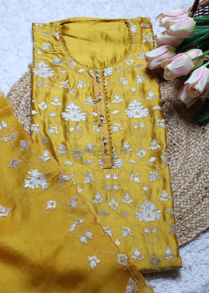 Pakhi Yellow Applique Work Unstitched Suit Set