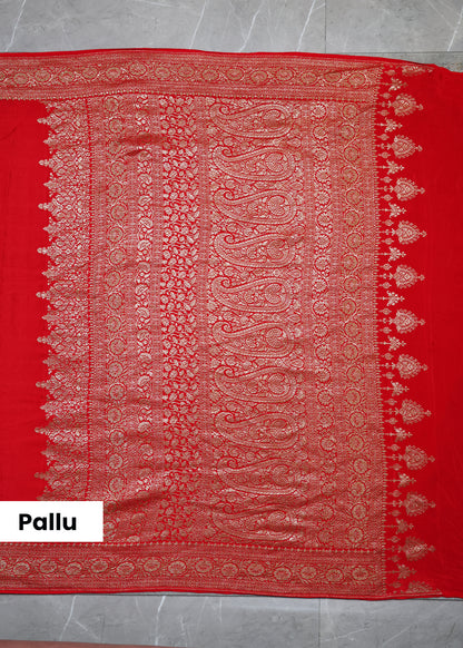 Deeya Plain Red Banarasi Pure Crepe Saree with Unstitched Blous
