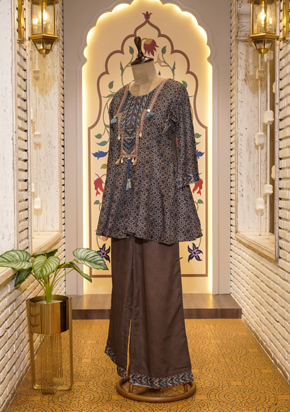 Brown & Blue Printed Peplum with Pants Co-ord set