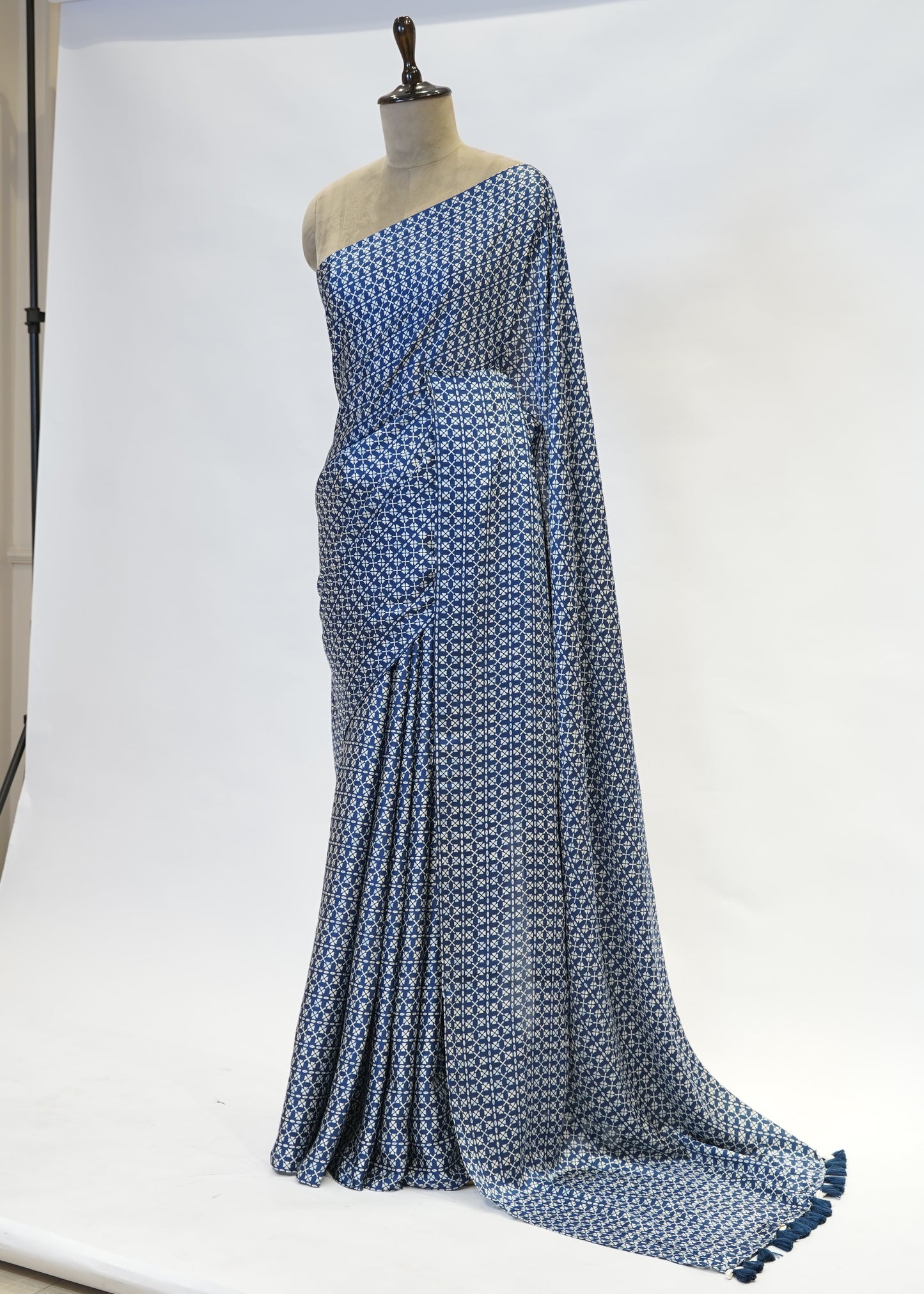 Blue Printed Modal Crepe Saree with Unstitched Blouse