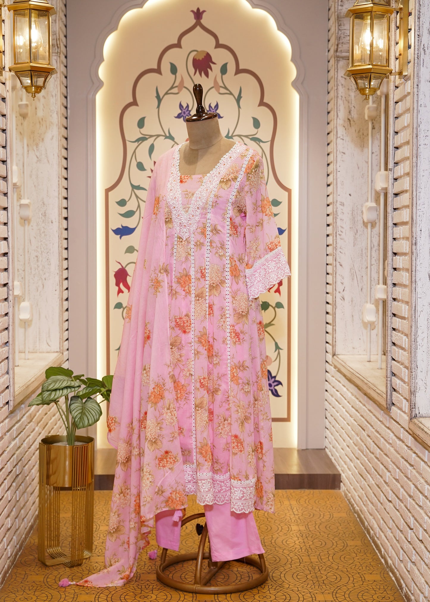 Pink Cotton Printed A Line 3 pc Kurti Set with Thread Embroidery