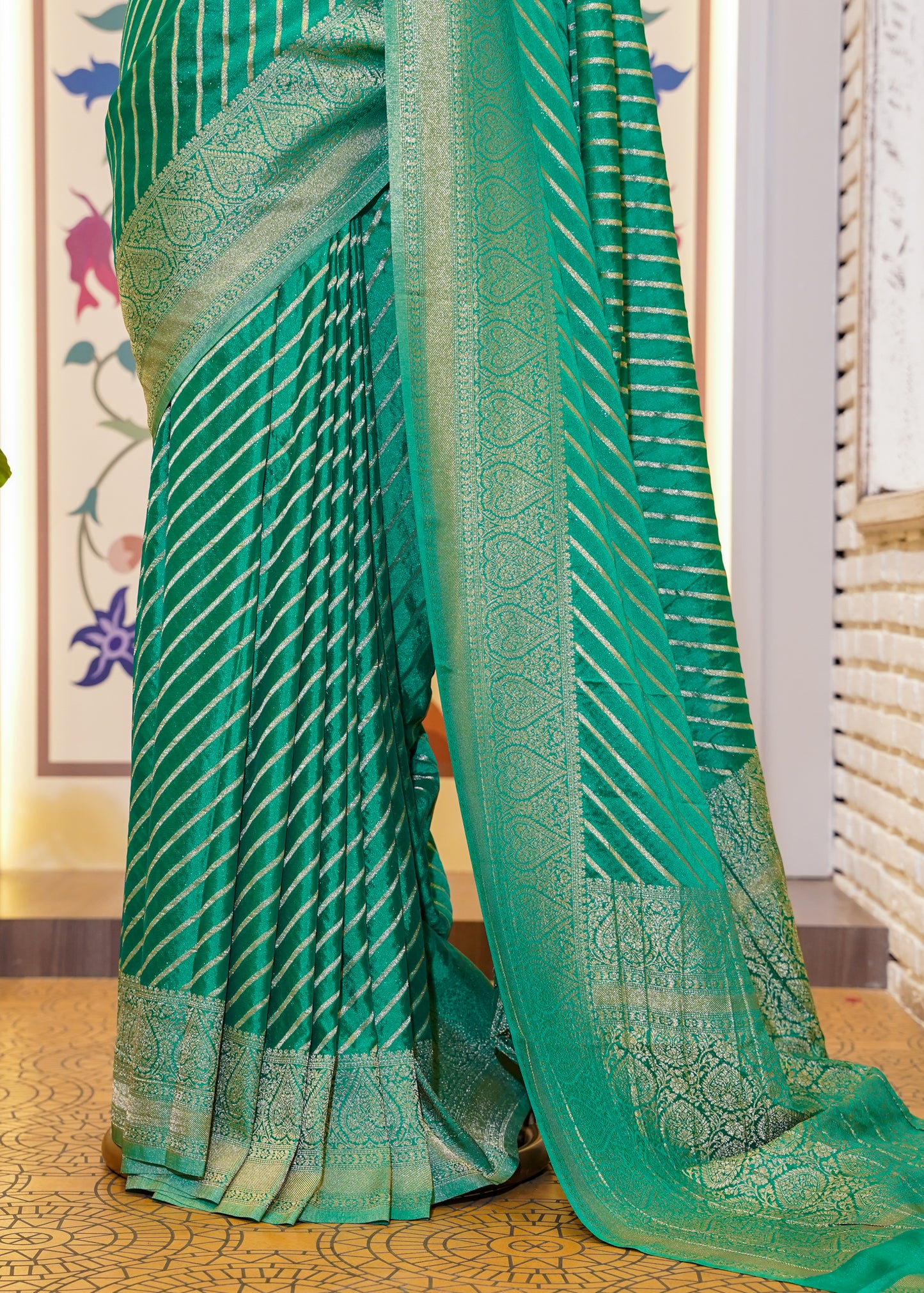 Green Chinon Leheriya Saree