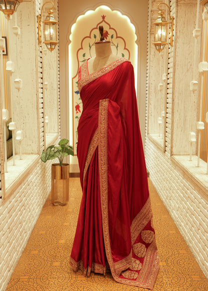 Inaya Maroon Red Silk Embroidered Saree with Stitched Blouse