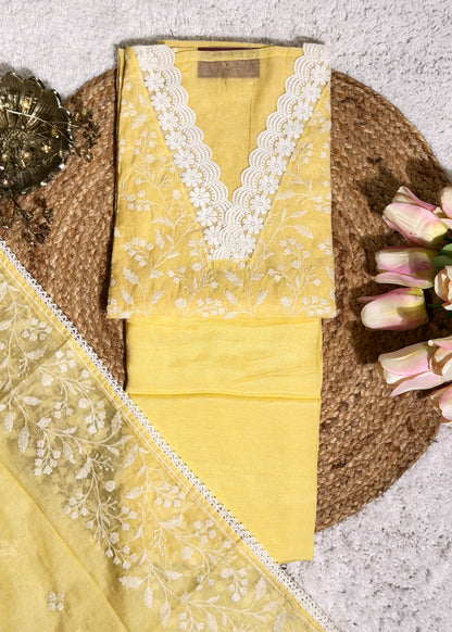 Yellow Chanderi Thread Embroidered Unstitched Suit Set
