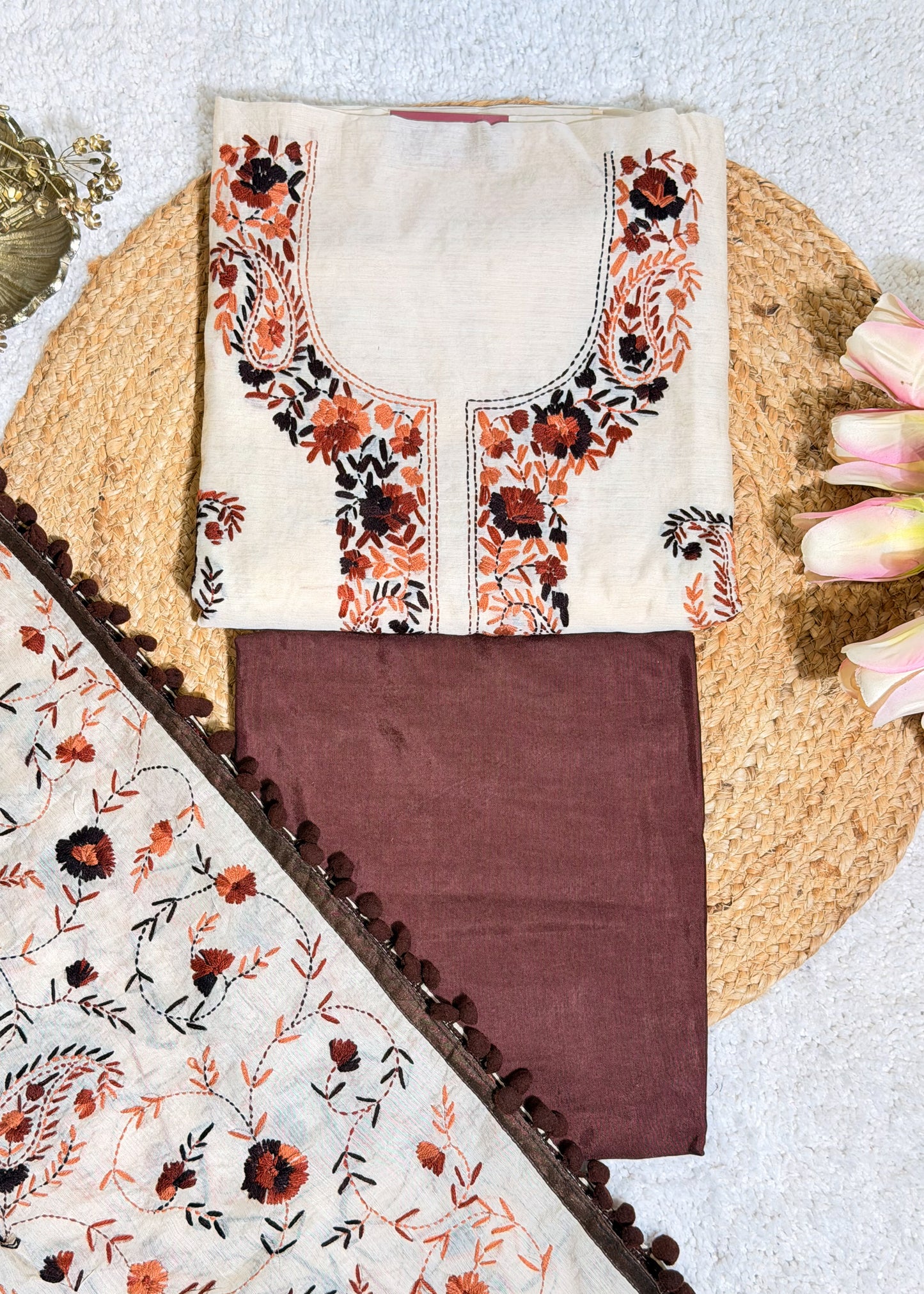 Ivory Chanderi with Brown Kantha Embroidery Unstitched Suit Set