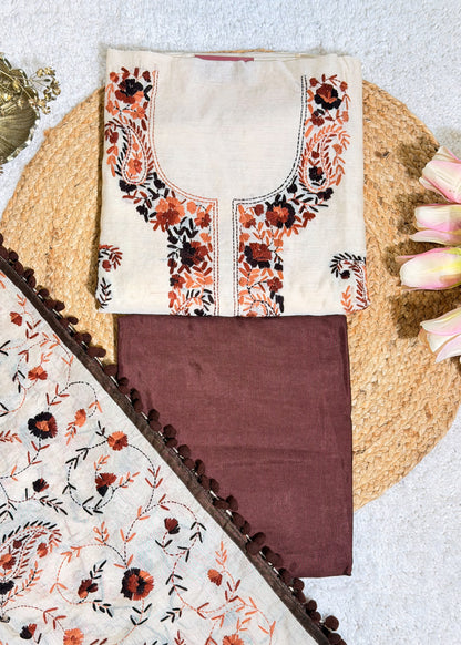 Ivory Chanderi with Brown Kantha Embroidery Unstitched Suit Set