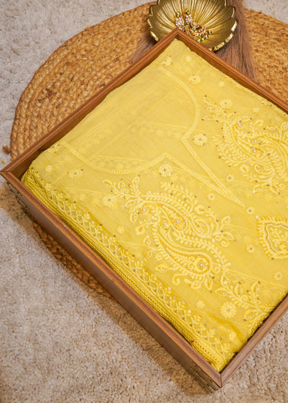 Yellow Mul Cotton Thread Embroidered Unstitched Suit Set