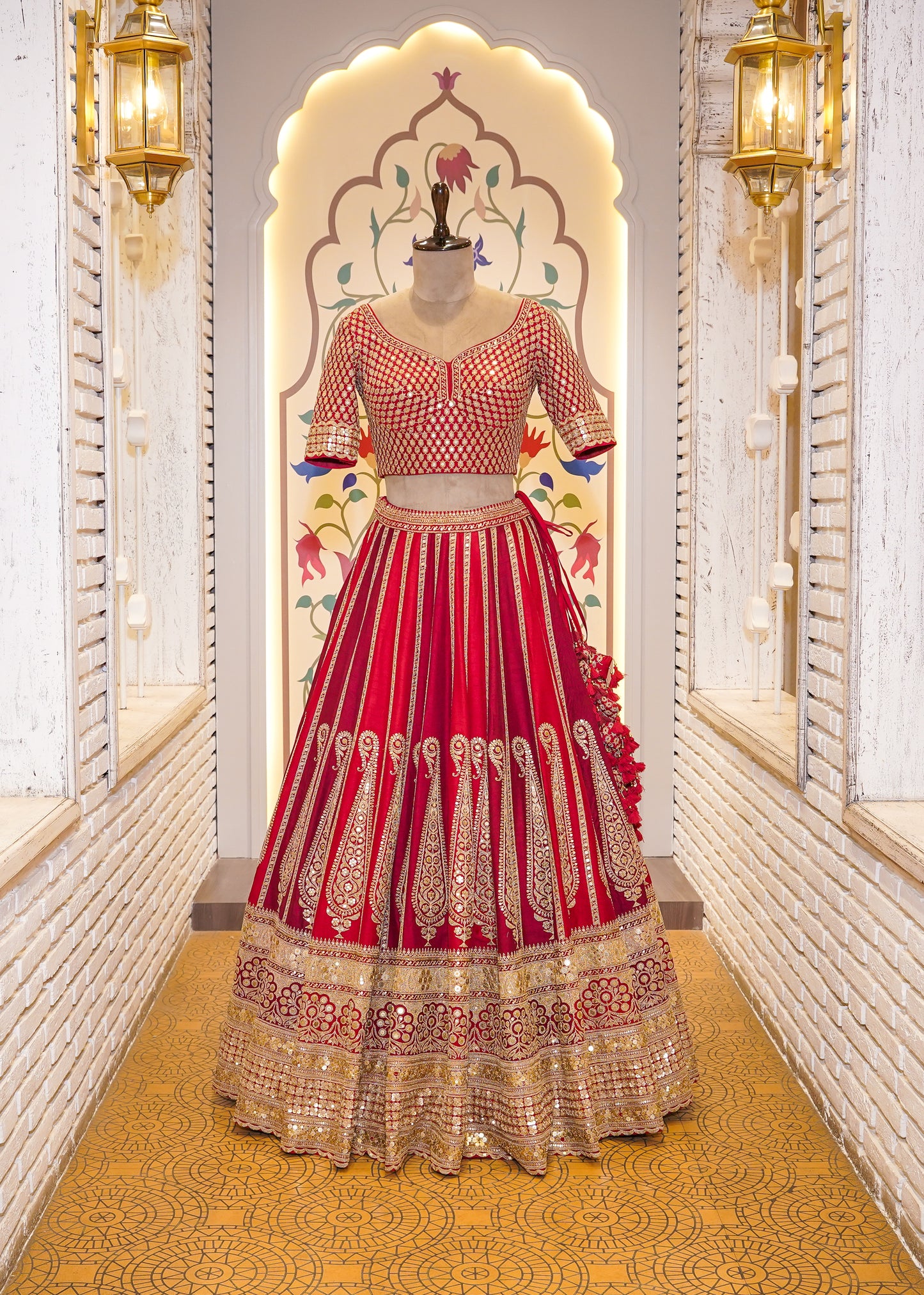 Royal Dual Tone Red & Deep Red Handcrafted Bridal Lehenga with Paisely Motifs & 2 Dupattas
