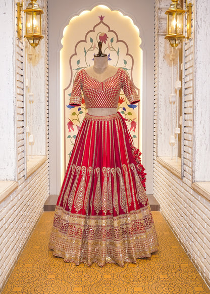 Royal Dual Tone Red & Deep Red Handcrafted Bridal Lehenga with Paisely Motifs & 2 Dupattas