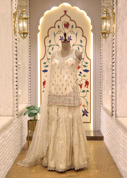 Moti Pearl Cream Short Kurti Sharara Set