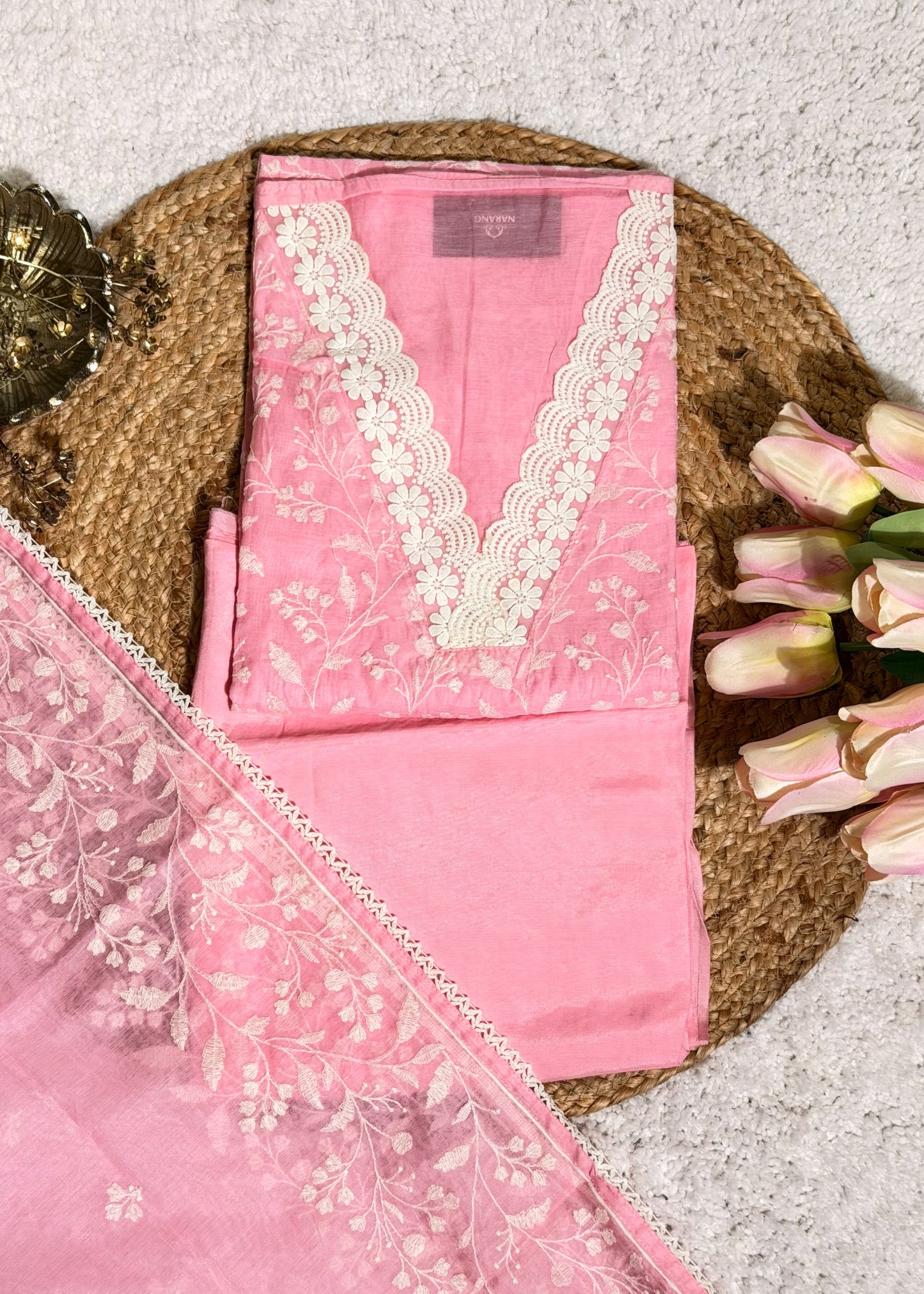 Pink Chanderi Thread Embroidered Unstitched Suit Set