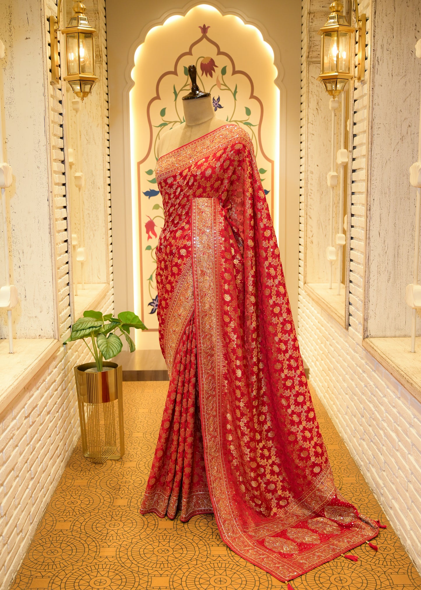Red Hand Embroidered Dola Silk Saree with Elephant Motifs and Unstitched Blouse