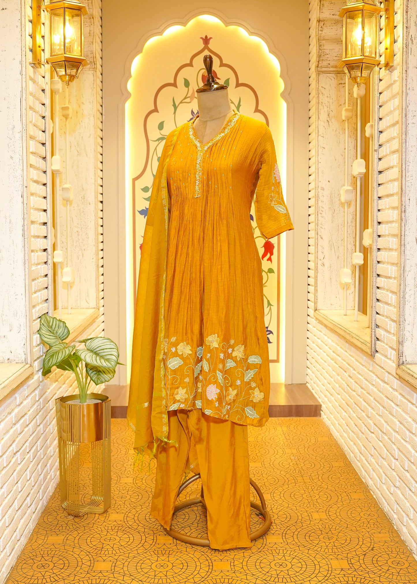 Swaati Mustard 3D flowers Stitched Suit Set