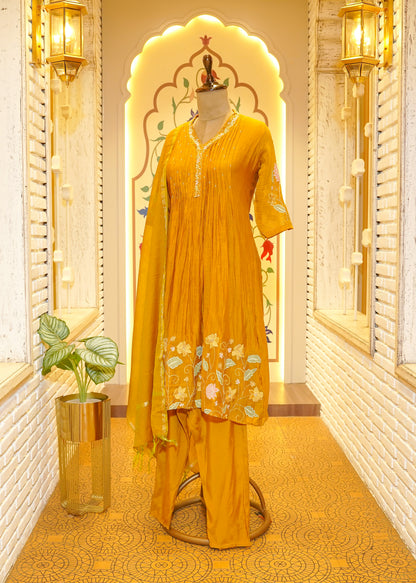 Swaati Mustard 3D flowers Stitched Suit Set