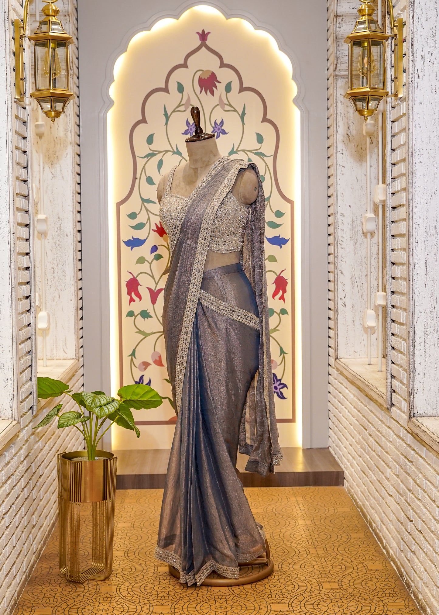 Dusty Grey Crush Tissue Drape Saree with Embroidered Blouse