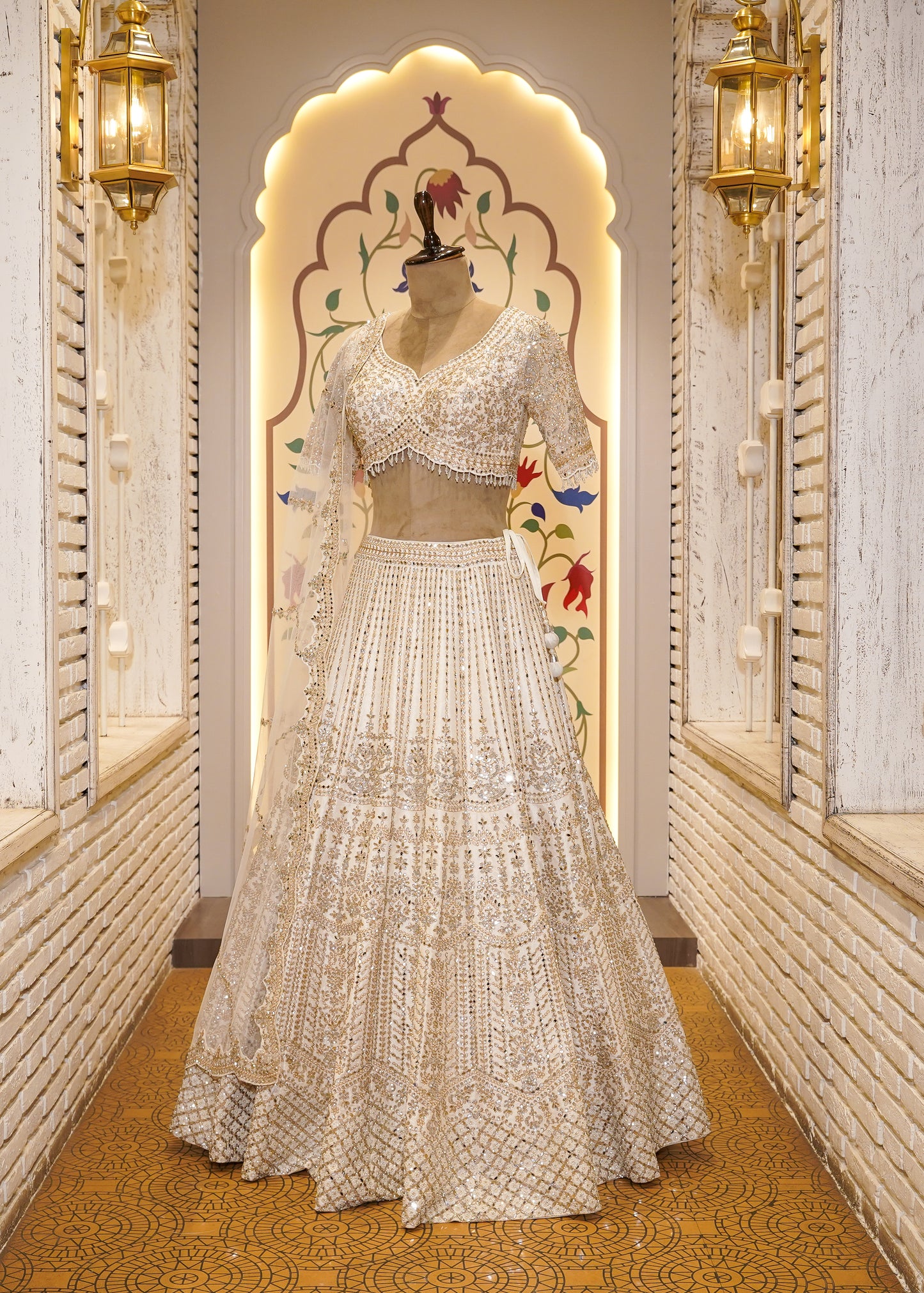 Ivory Silk Mirror Embroidered Half Sleeves Crop Top Skirt Set