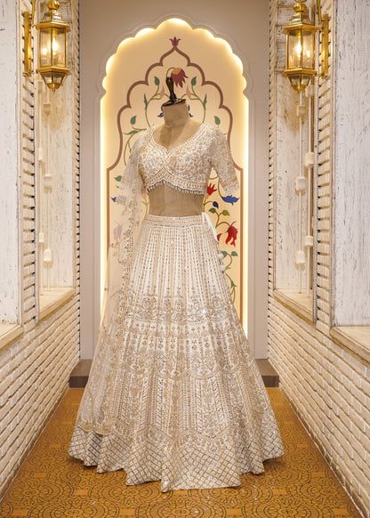 Ivory Silk Mirror Embroidered Half Sleeves Crop Top Skirt Set