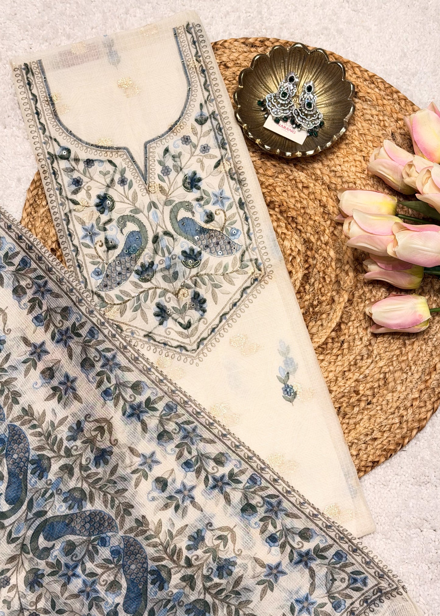Mayur Blue Unstitched Thread Embroidered Suit Set